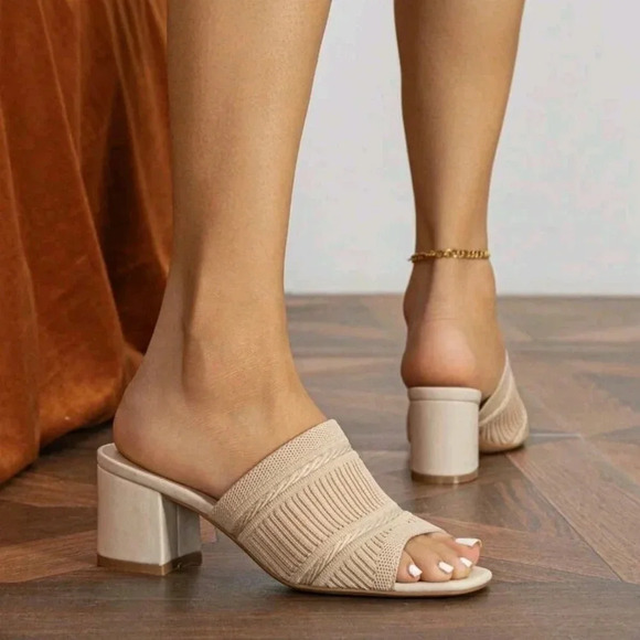 Women Minimalist Mule Sandals, Fabric Chunky Heeled Elegant Sandals - Picture 5 of 6